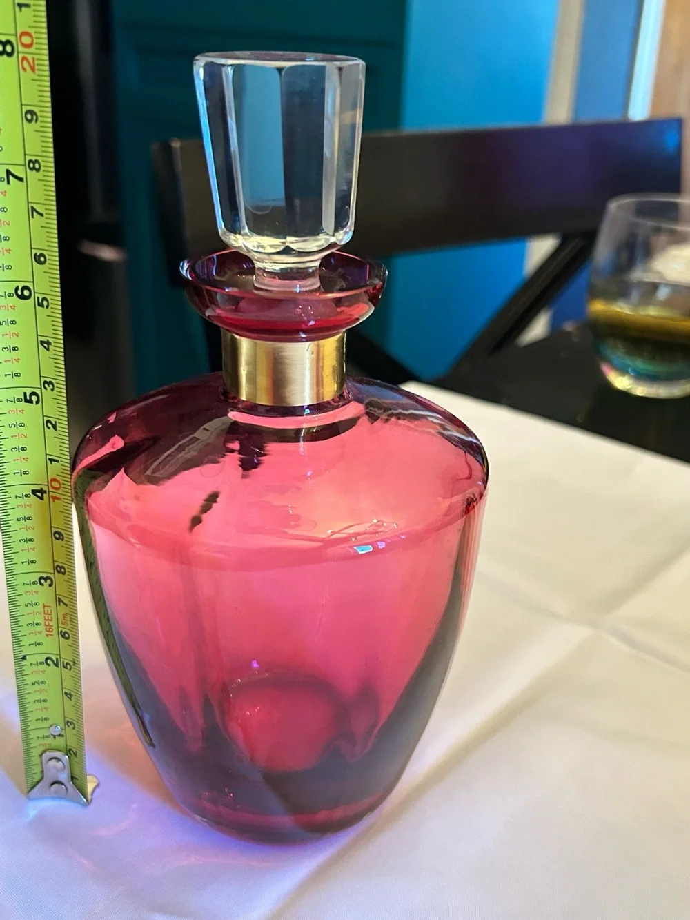 Red Glass Decanter with Gold Collar